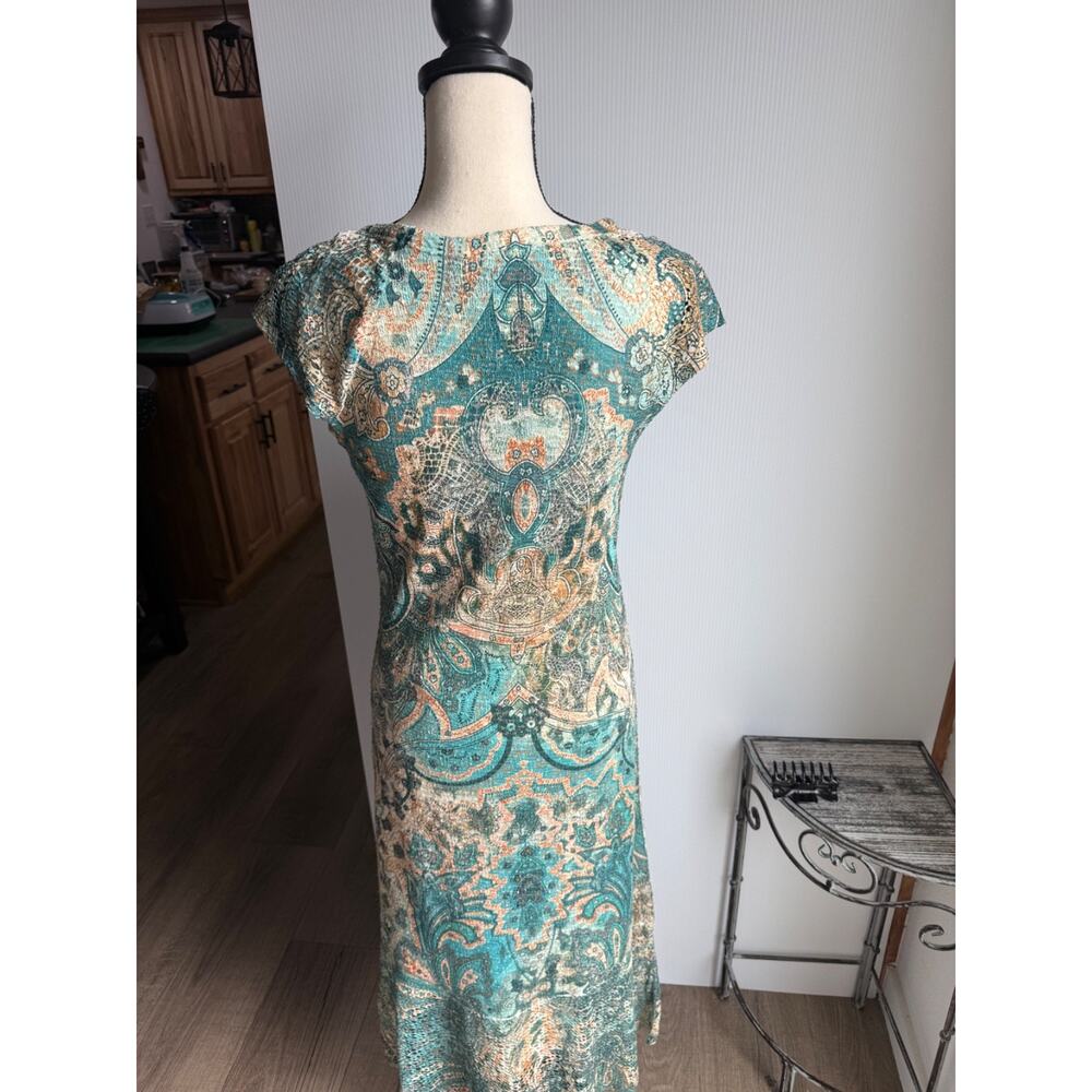 Reba Rhinestoned Paisley Green Midi Dress V-Neck cap sleeve SZ Medium - Picture 6 of 15